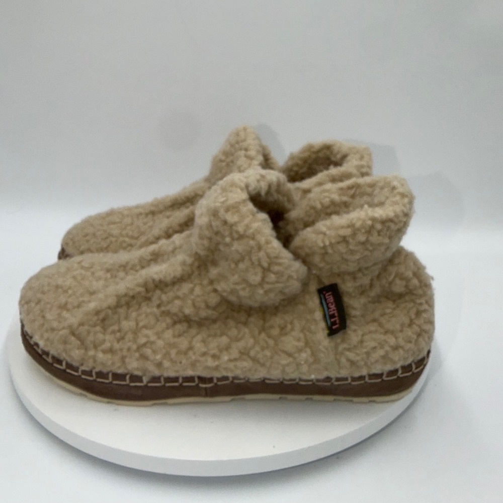 LL Bean Cozy Sherpa Fleece Bootie Slippers Tan Beige Women 8 M